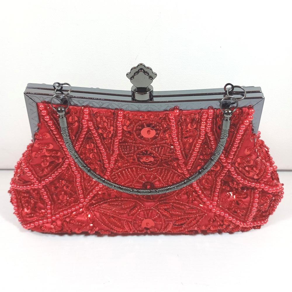 Red Beaded Sequin Evening Clutch Bag Gunmetal Hardware Floral Vintage Style